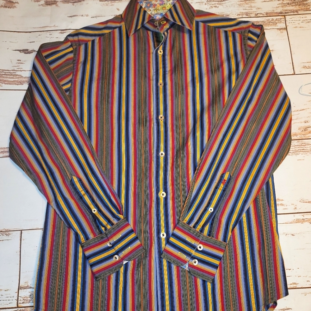 Robert Graham Men's Multicolor Striped/Floral Cuff Long Sleeve button down shirt